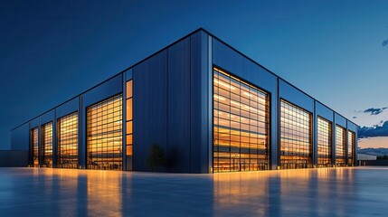 Obraz premium Netzero energy warehouse with solar glass facades, Industrial Real Estate Warehouses Sustainable Architecture, carbonneutral logistics