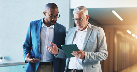 Business, people or walking with tablet for planning of proposal feedback, performance evaluation...