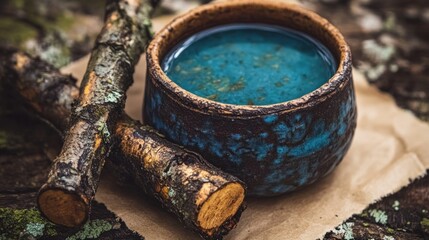 Naklejka premium Herbal tea in rustic cup