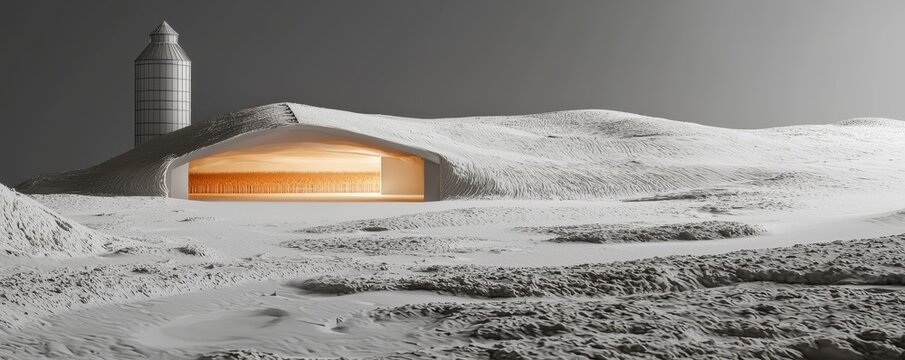 Futuristic lunar habitat design nestled in a snowy lunar landscape, showcasing innovation.