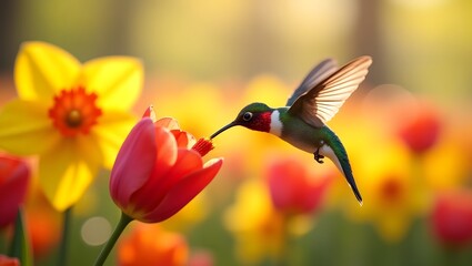 Fototapeta premium A vibrant spring garden bursting with tulips and daffodils, where a ruby-throated hummingbird hovers near a blooming flower.