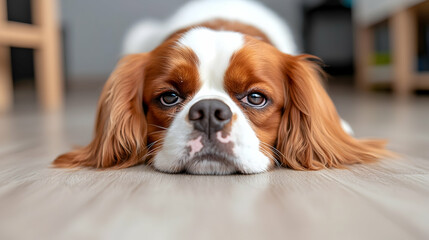 Adorable Brown and White Cavalier King Charles Spaniel Lying on Wooden Floor
