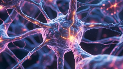 Intricate microscopic nerve cell with bioluminescent glow