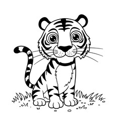 Cute cartoon tiger sitting on grass  