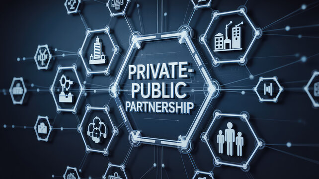 Private-Public Partnership Network: Interconnected digital diagram representing the symbiotic relationship of private and public sectors, symbolizing collaboration, industry, and growth.