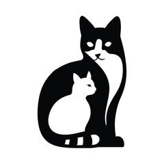 Black and white cats silhouette design mother and kitten, Black and white cat silhouette of mother and baby cat
