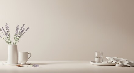 Fototapeta premium Tranquil minimalist still life featuring lavender flowers and clean decor