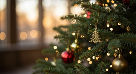 Festive fir branches adorned with ornaments and twinkling lights for christmas