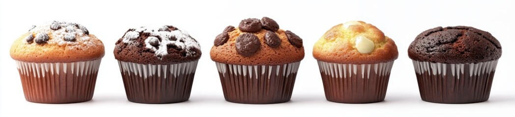 Five assorted muffins, including chocolate chip, chocolate swirl, white chocolate chip, and a double chocolate muffin, are lined up against a white background
