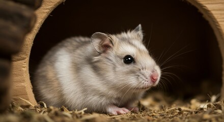 Charming dwarf hamster peering out from wooden hideaway with curiosity