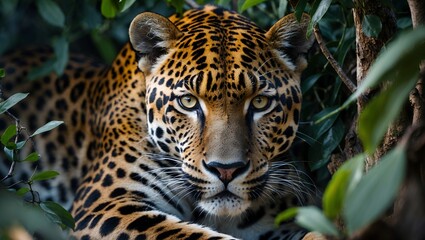 Obraz premium Jaguar's intense gaze amidst lush foliage
