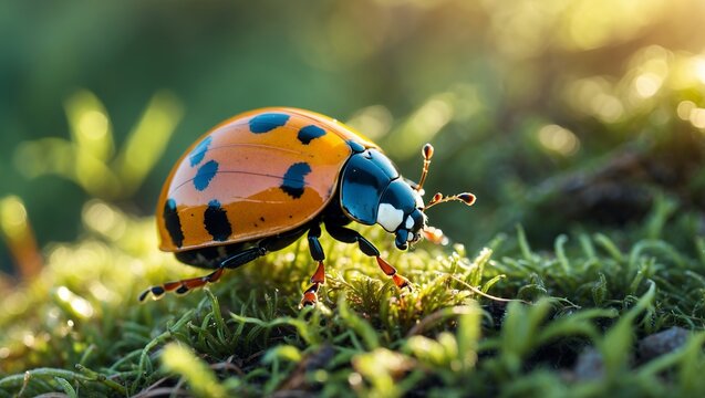 Ladybug crawling on lush green moss in sunlight