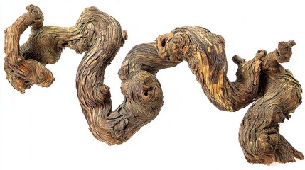 Twisted grapevine trunk on white background showcasing intricate wood grain and organic texture a captivating botanical study with natural elegance and rustic charm