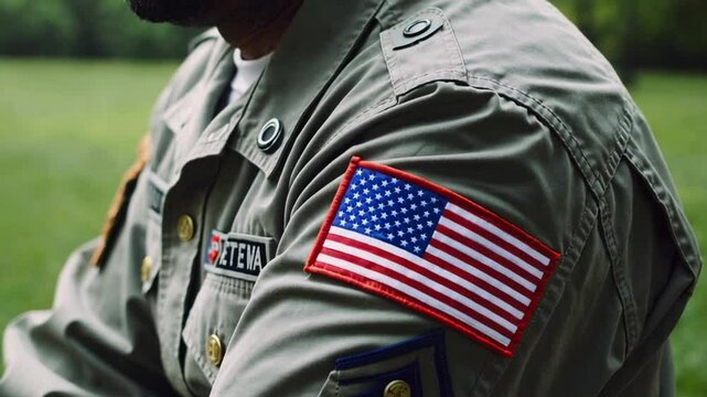 Close up revealing weathered shoulder of american veteran wearing uniform with us flag patch, representing deep national pride, military service, and profound personal sacrifice
