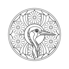 Stylized heron with floral accents detailed coloring page art therapy black and white illustration