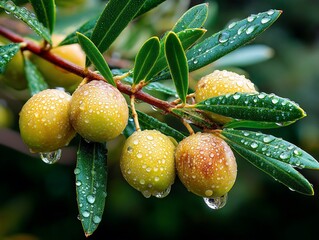 Dewkissed olives glisten on a branch