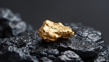 Lustrous gold nugget glimmering on dark rocks