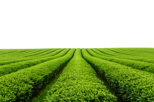 Rows of vibrant green tea plants in a vast field.