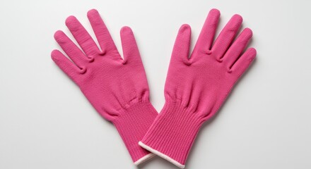 Obraz premium Pair of vibrant pink textile gloves arranged symmetrically on white background