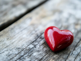 Fototapeta premium A shiny red heart-shaped object lies on a textured wooden surface, reflecting light and symbolizing love, emotion, and craftsmanship.