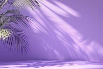 Lavender walls and floor with shadows from palm leaves in studio lighting. Minimalistic summer background.