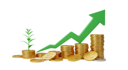 A green arrow points upward over stacks of gold coins with a small plant growing from one stack