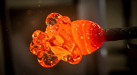 Molten Glass Abstract Shape on The Iron Rod Glowing During Glassblowing Process