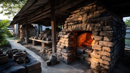 Traditional Thai ceramic kiln with glowing orange fire and stacked pots