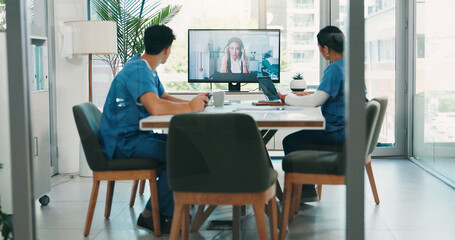 Nurses, doctors and computer with video call in meeting for online discussion and healthcare...