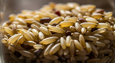 Obraz premium Pile Of Uncooked Brown Rice Grain In A Transparent Container
