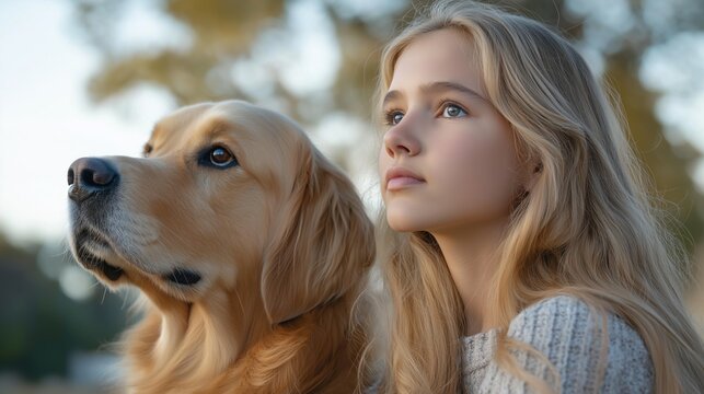 Thoughtful young girl and golden retriever look up together in nature