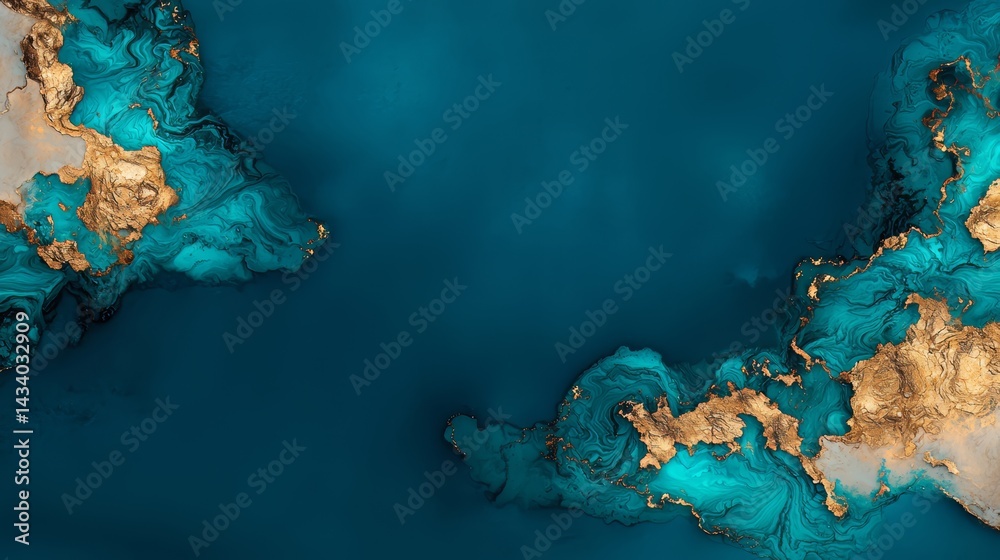 Aufkleber blue and gold ocean scene with a rocky shoreline. the water is calm and the rocks are scattered thro