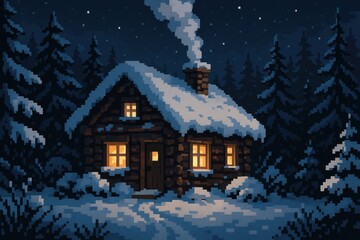 Naklejka premium Cozy Winter Retreat in Snowy Forest for Holiday Cards or Posters