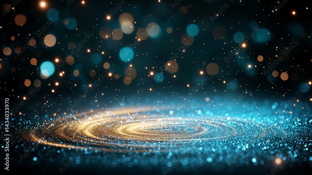 Poster Blue and gold swirl of glitter on a dark background. The glitter is scattered all over the surface, creating a sense of movement and energy. The blue and gold colors give the image a sense of depth