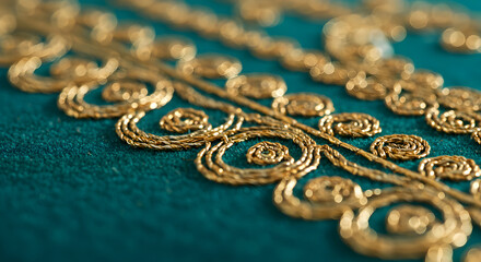 Elegant Golden Embroidery Against a Deep Turquoise Backdrop Close Up