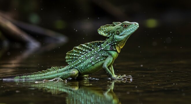 Striking Emerald Basilisk Lizard Reflects in Tranquil Water Environment