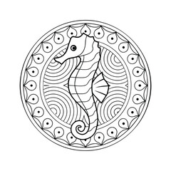 Decorative seahorse illustration in circular frame ornamental black and white line art design