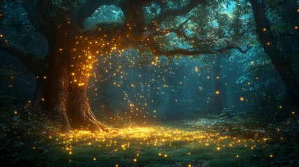 Obraz premium Enchanting nocturnal forest illuminated by fireflies.