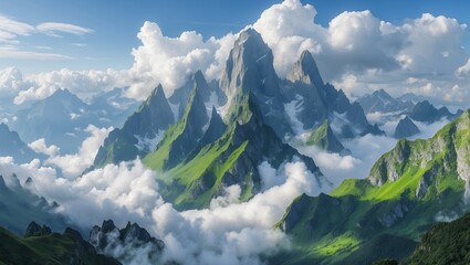 Majestic peaks rising above lush green clouds