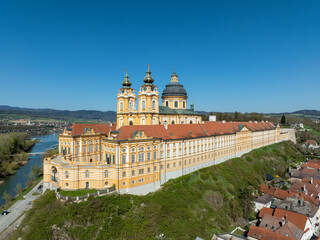 Benedictine abbey in Melk, Austria. Aerial view with copy space
