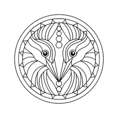 Stylized bird head mandala design in black and white for coloring books or creative projects