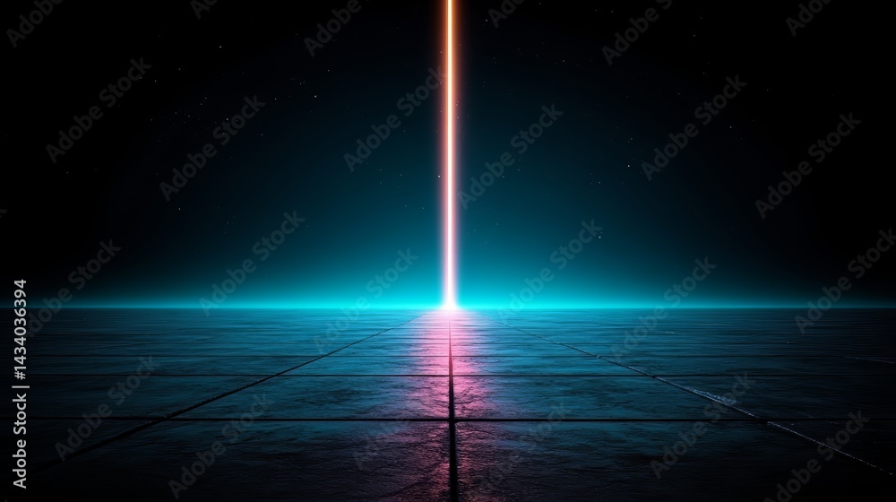 Poster Blue and orange light is shining through the night sky. The light is long and thin, and it seems to be coming from a distant planet. The sky is dark and the light is the only thing visible