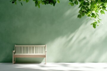 Outdoor park bench, light green wall,  natural light
