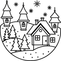 Snowy Village Scene Featuring Reindeer and Festive Winter Elements in Black and White