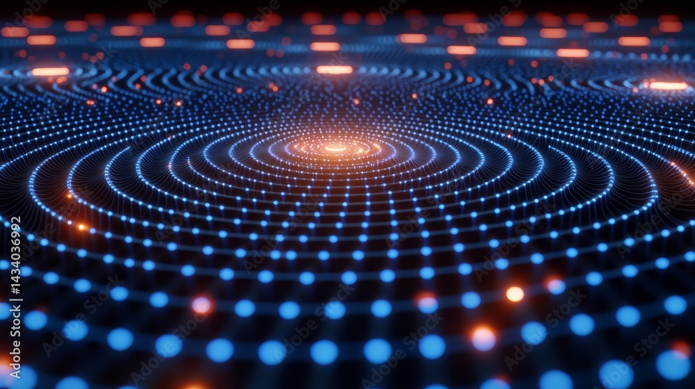 Leinwandbilder Blue and orange pattern of dots that are lit up. The blue dots are in the center of the image and the orange dots surround them