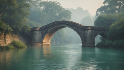 Majestic stone bridge over tranquil river landscape