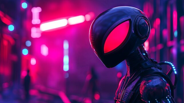 Futuristic figure in urban neon cityscape showcasing innovation and mystery