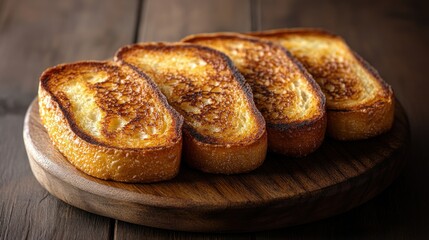 Golden-brown toasted bread slices on a wooden board