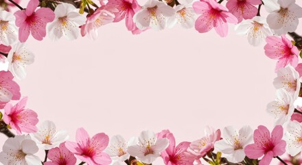 Blooming cherry blossoms arranged as a delicate frame on pink background