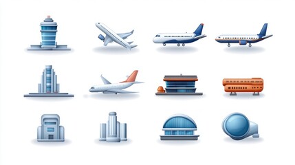 Collection of various airport building and aircraft illustrations.